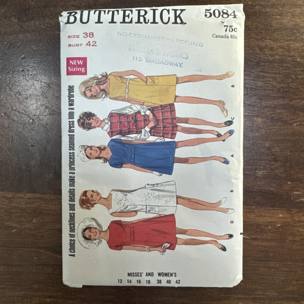 Vtg Butterick 5084 Sew Pattern Misses Semi Fitted ALine Dress Size 38 Bust 42